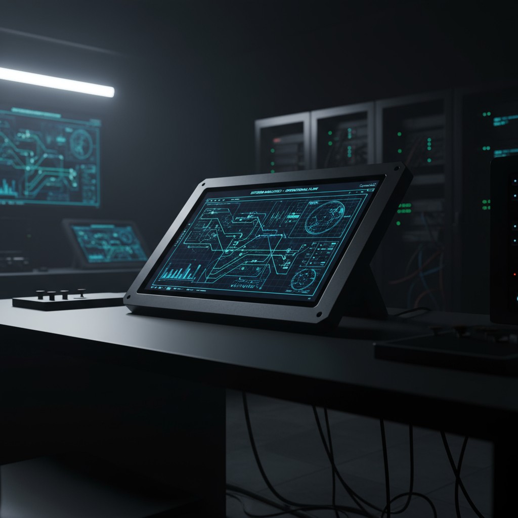 An image of a futuristic-looking computer screen displaying a radar or flight monitor graphic. It has an ergonomic design ...
