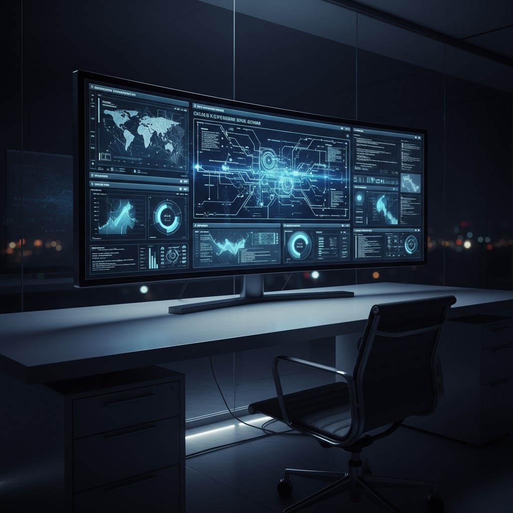 A large computer monitor displaying multiple screens with various charts and graphs.