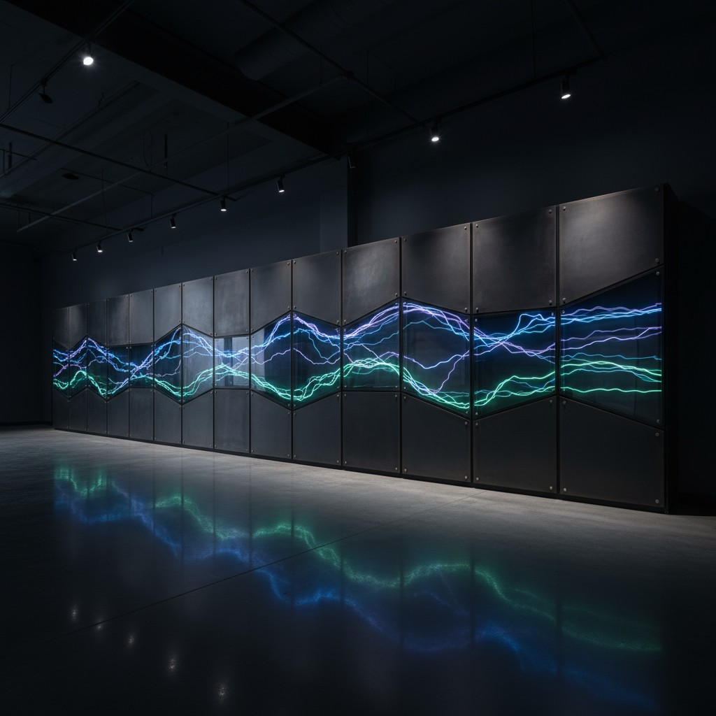 A large wall of screens displays a network of lines and waves, reminiscent of an electrical network. The screens are a mix...