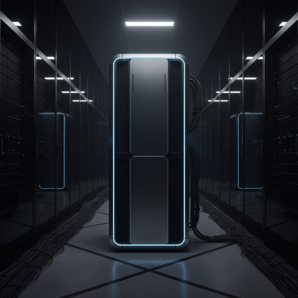 The image shows a large, futuristic-looking server in a server room. The server is tall, rectangular, and has a sleek, met...