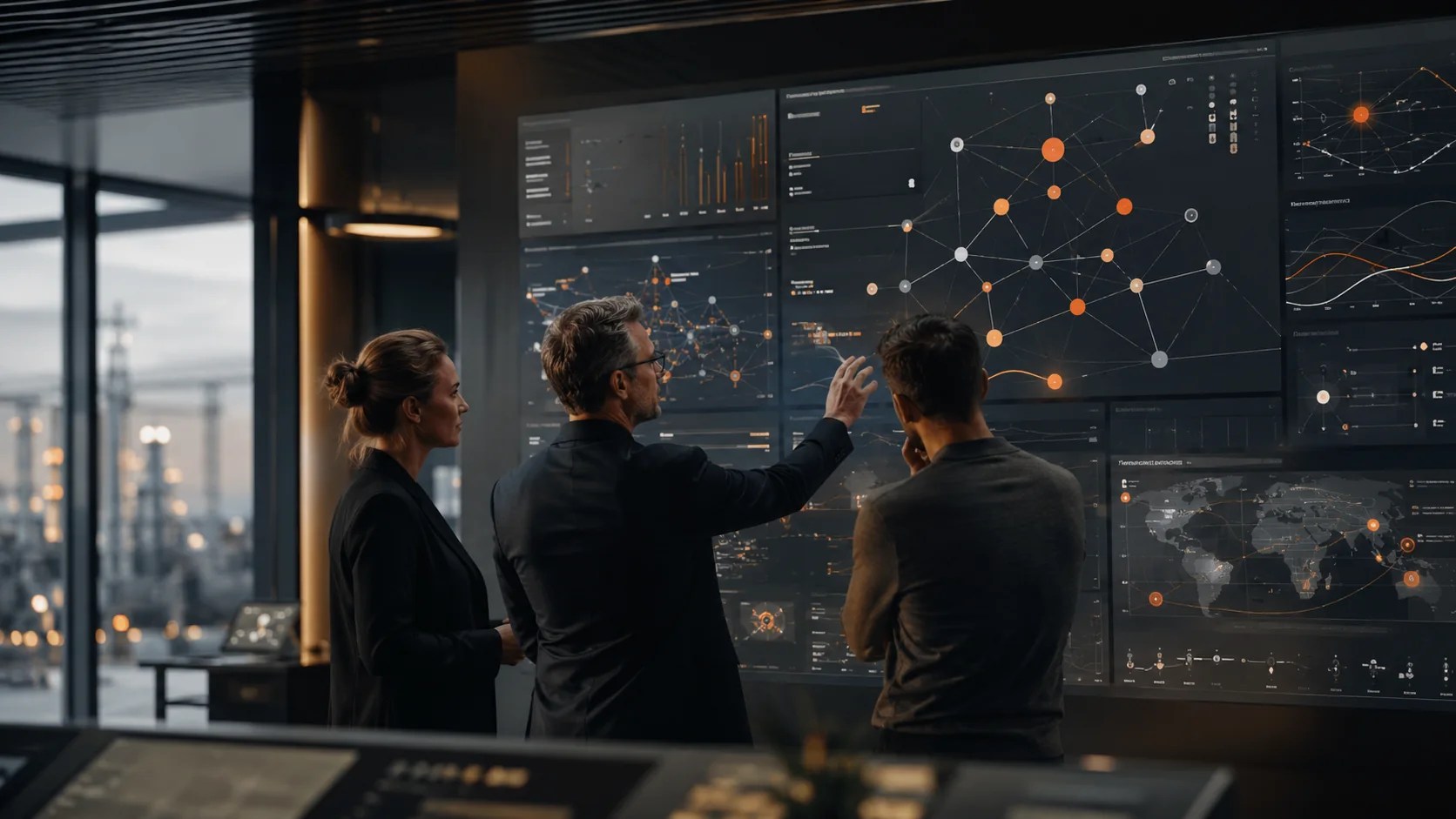 Systems engineers interpret operational models and connected-system analytics in a decision-intelligence workspace.