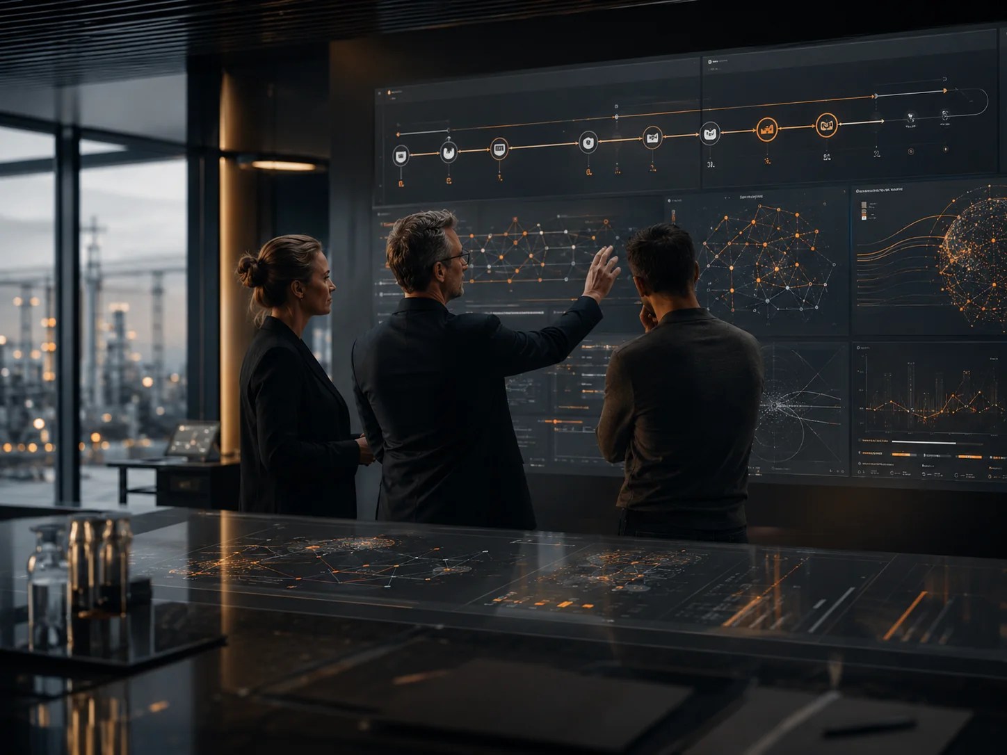 Engineering team reviews process flows, connected systems, and simulation models.